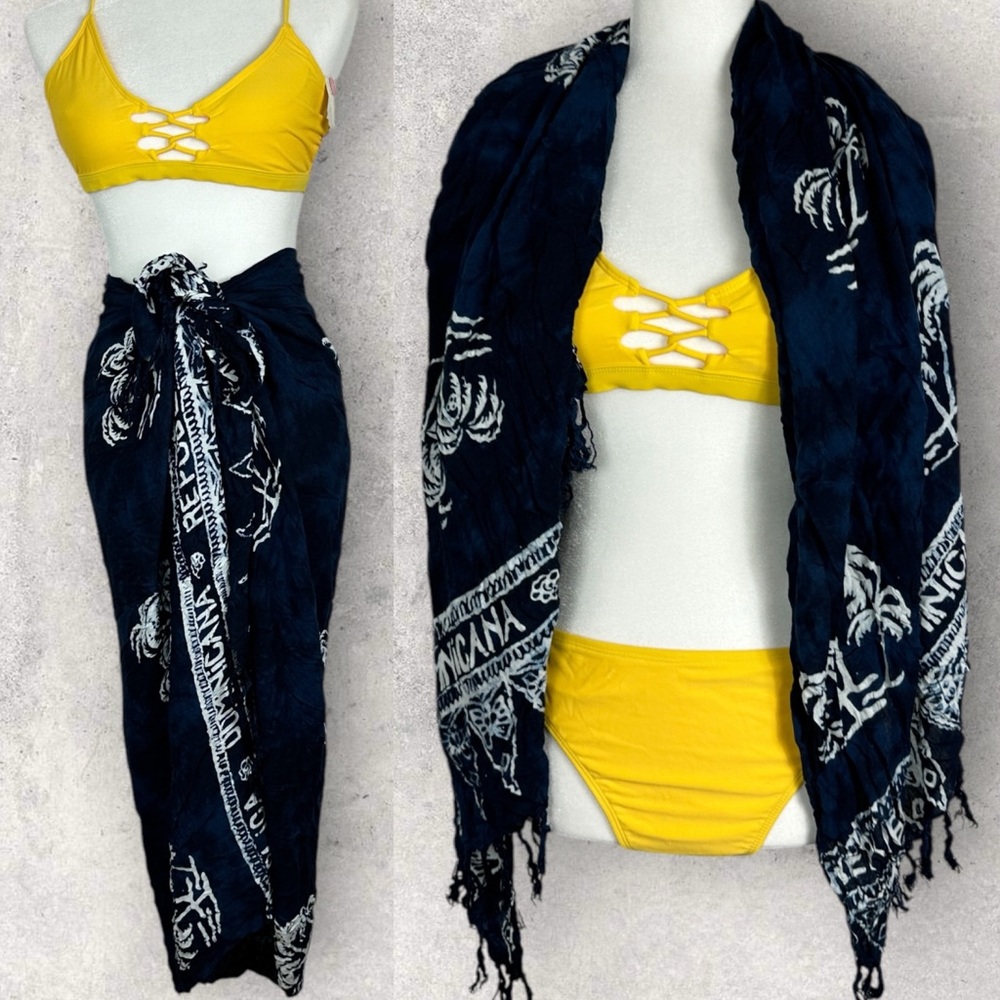 Palm Tree Print Fringe Sarong Scarf Wrap Navy Blue White Beach Hawaiian Bohemian